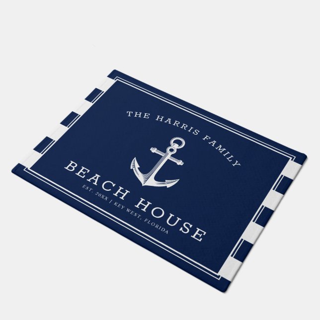 Nautical Anchor Beach House Welcome Navy Stripes Doormat (Angled)