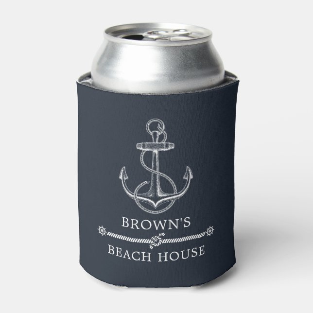 Nautical Anchor Beach or Lake House Family Name Can Cooler (Can Front)