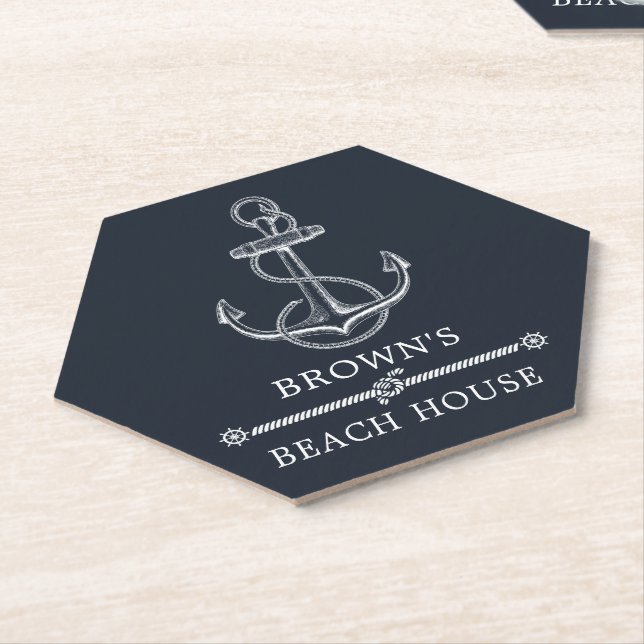 Nautical Anchor Beach or Lake House Family Name Paper Coaster (Angled)