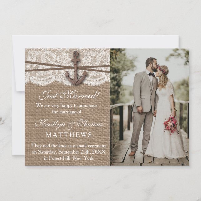 Nautical Anchor Beach Wedding Photo Marriage Announcement (Front)