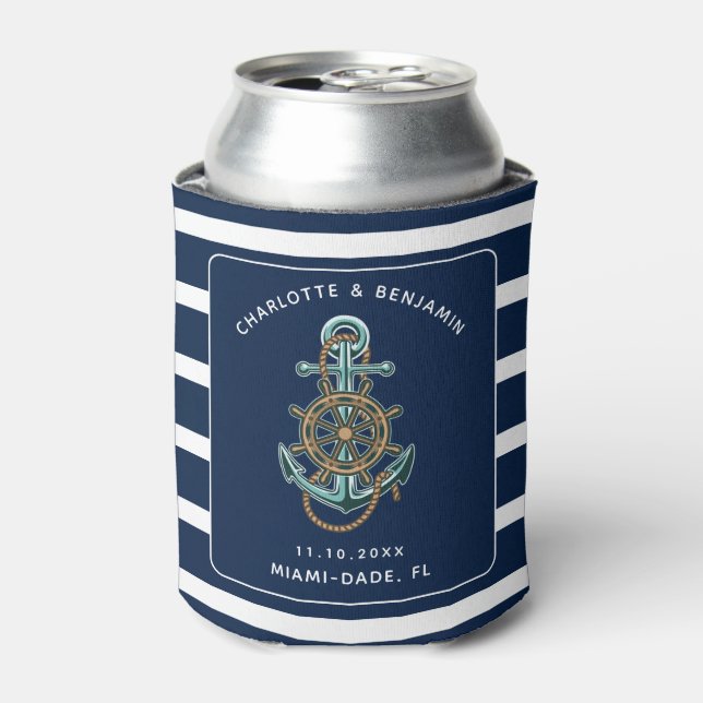Nautical Anchor Beach Wedding Reception Can Cooler (Can Front)