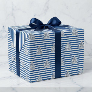 Nautical Anchor Birthday Blue Cabana Stripes Wrapping Paper