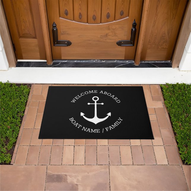Nautical anchor black Custom name Welcome Aboard Doormat (Outdoor)