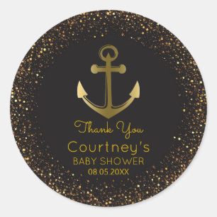 Nautical Anchor Black Gold Baby Shower Favour Classic Round Sticker