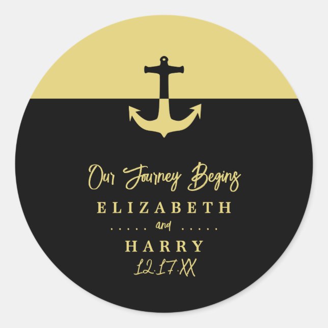 Nautical Anchor - Black Gold - Beach Wedding Classic Round Sticker (Front)