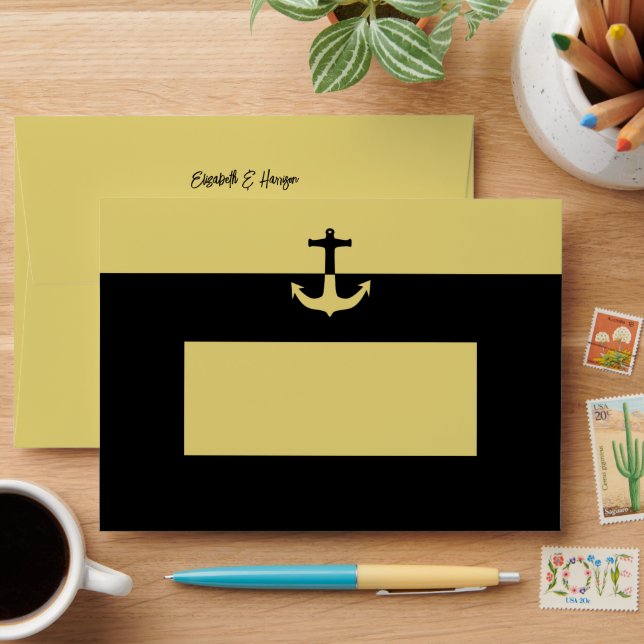 Nautical Anchor - Black Gold - Beach Wedding Envelope (Desk)