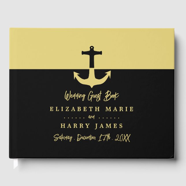 Nautical Anchor - Black Gold - Beach Wedding Guest Book (Front)