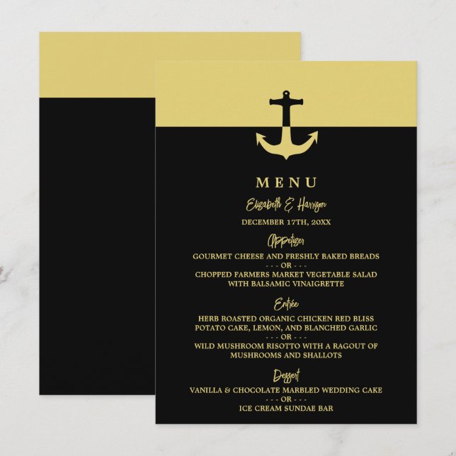 Nautical Anchor - Black Gold - Beach Wedding Menu (Front/Back)