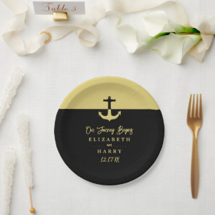 Nautical Anchor - Black Gold - Beach Wedding Paper Plate