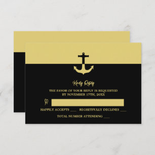 Nautical Anchor - Black Gold - Beach Wedding RSVP Card