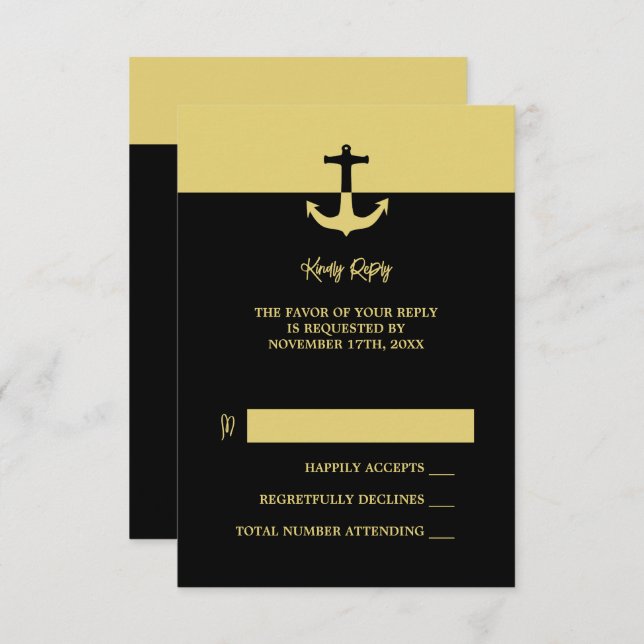 Nautical Anchor - Black Gold - Beach Wedding RSVP Card (Front/Back)