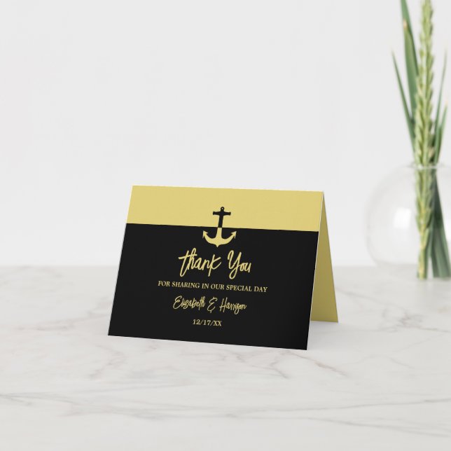 Nautical Anchor - Black Gold - Beach Wedding Thank You Card (Front)