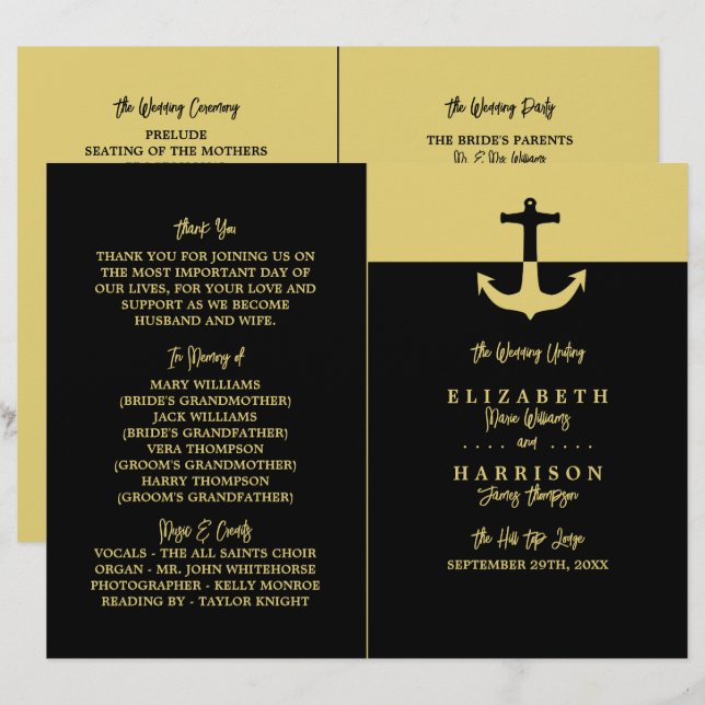 Nautical Anchor - Black Gold - Wedding Programme (Front/Back)