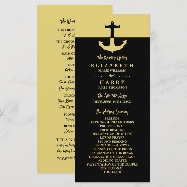 Nautical Anchor - Black Gold - Wedding Programme (Front/Back)