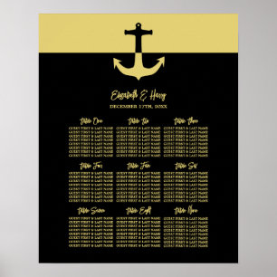Nautical Anchor, Black Gold, Wedding Seating Chart