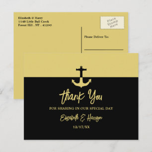 Nautical Anchor - Black Gold - Wedding Thank You Postcard