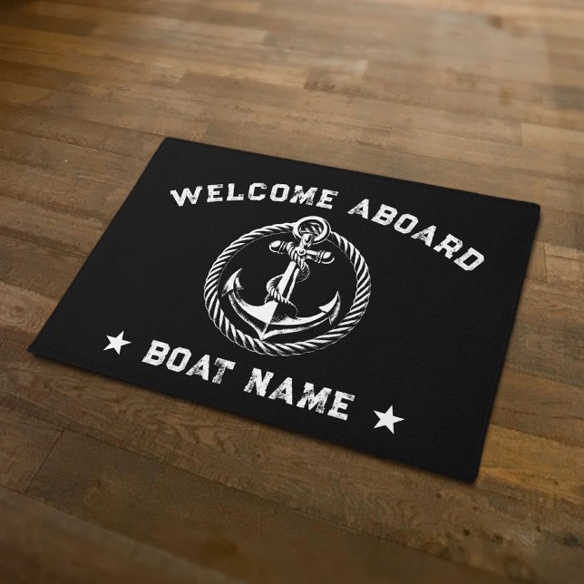 Nautical Anchor Black Welcome Aboard Boat Name Doormat (Creator Uploaded)