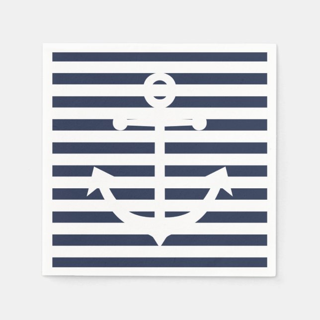 Nautical Anchor Blue And White Stripes Wedding Napkin (Front)