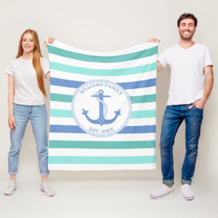 Nautical Anchor Blue Aqua Stripe Family Monogram Fleece Blanket