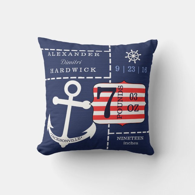 Nautical Anchor Blue Birth Stats Keepsake Cushion (Front)