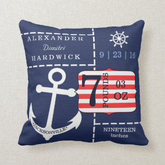 Nautical Anchor Blue Birth Stats Keepsake Cushion