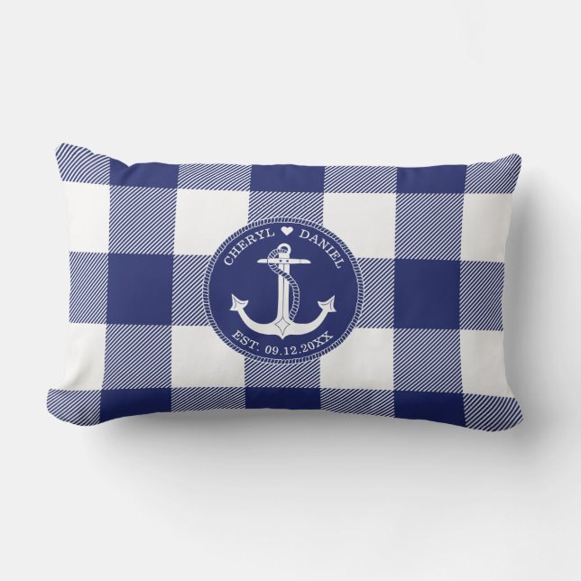 Nautical Anchor Blue Buffalo Plaid Wedding Lumbar Cushion (Front)