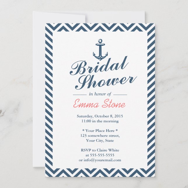 Nautical Anchor Blue Chevron Stripes Bridal Shower Invitation (Front)
