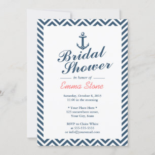 Nautical Anchor Blue Chevron Stripes Bridal Shower Invitation