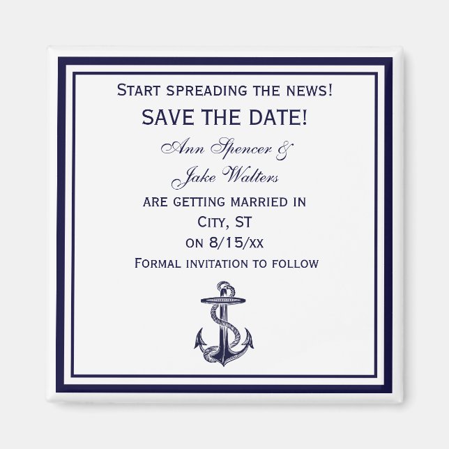 Nautical Anchor Blue Framed 2 Save the Date Magnet (Front)