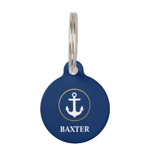 Nautical Anchor Blue Gold Dog Tag - Phone on Back