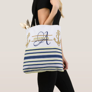Nautical Anchor Blue Gold MONOGRAM Tote Bags