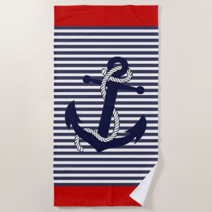 Nautical Anchor Blue Red White Stripes Pattern Beach Towel