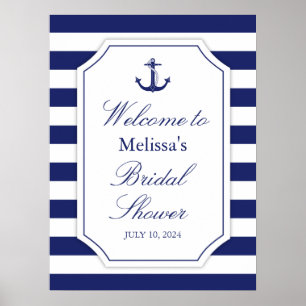 Nautical Anchor Blue Stripe Large Bridal Shower  Poster