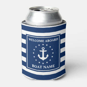Nautical Anchor Blue Striped Boat Name Stars Can Cooler