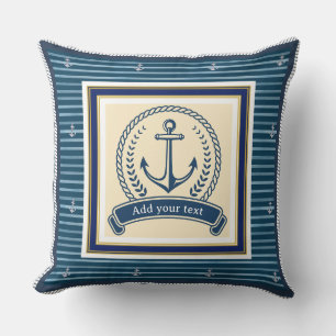 Nautical Anchor Blue Striped Custom Text Cushion