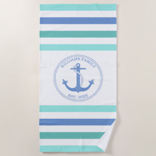 Nautical Anchor Blue Striped Monogrammed Name Beach Towel