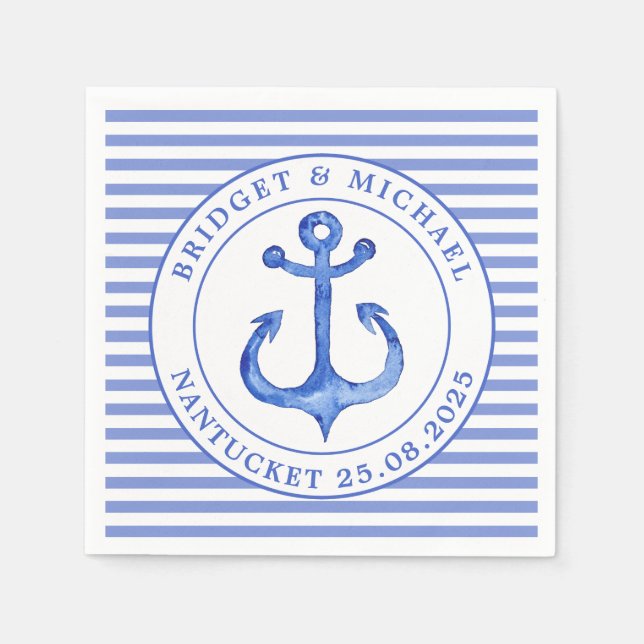 Nautical Anchor Blue Striped Personalised Wedding Napkin (Front)