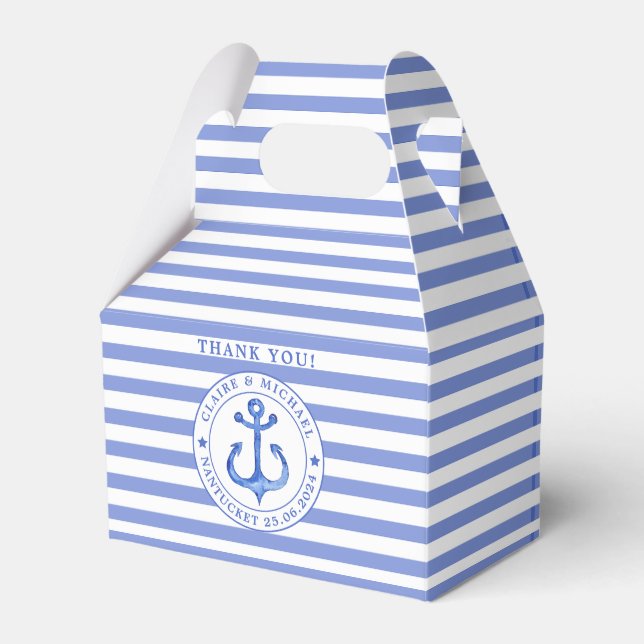 Nautical Anchor Blue Striped Thank You Wedding Favour Box (Front Side)