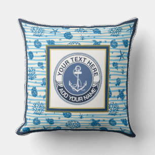 Nautical Anchor Blue Stripes Seashells Custom Name Cushion
