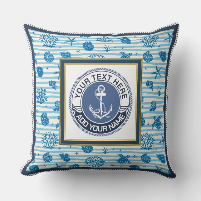 Nautical Anchor Blue Stripes Seashells Custom Name Cushion (Front)