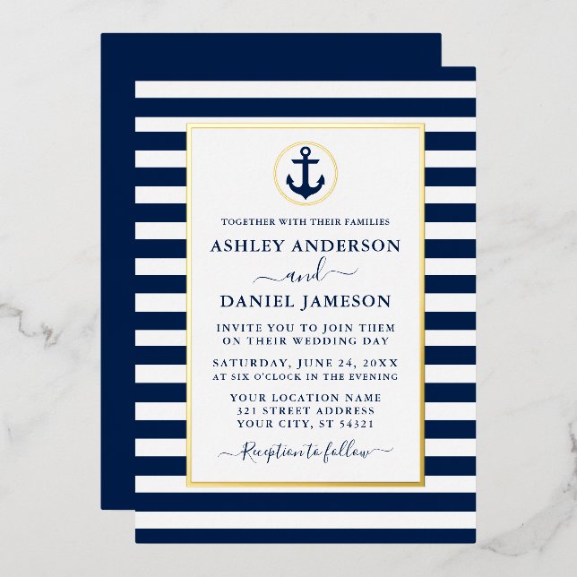 Nautical Anchor Blue Stripes Wedding Gold (Front/Back)