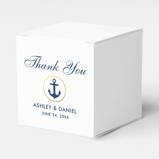 Nautical Anchor Blue  White Gold Wedding Thank You Favour Box (Front Side)