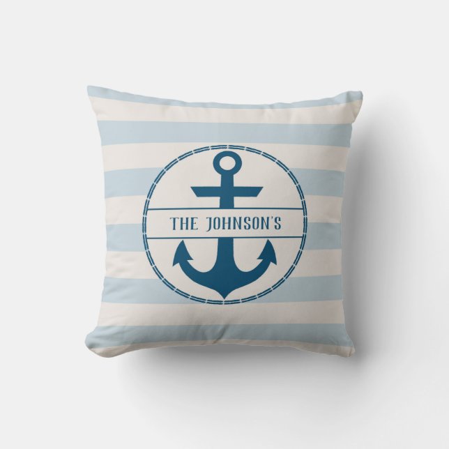Nautical Anchor Blue White Personalised Cushion (Front)