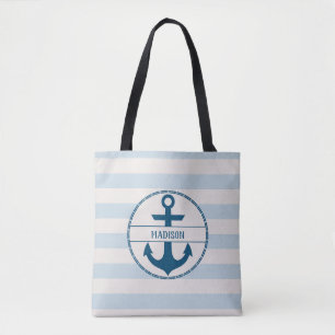 Nautical Anchor Blue White Personalised Tote Bag