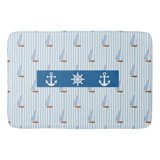 Nautical Anchor Blue White Stripe Background Bath Mat (Front)