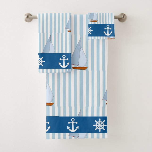 Nautical Anchor Blue White Stripe Background Bath Towel Set (Insitu)
