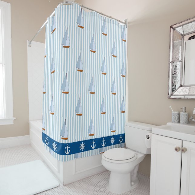Nautical Anchor Blue White Stripe Background Shower Curtain (In Situ)