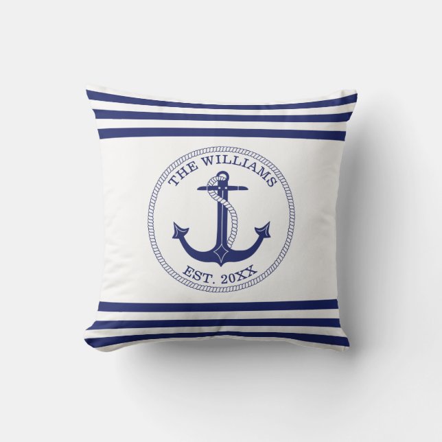 Nautical Anchor Blue White Stripes Custom Name Cushion (Front)