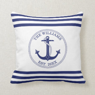 Nautical Anchor Blue White Stripes Custom Name Cushion