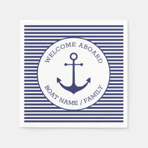 Nautical anchor blue white stripes welcome aboard napkin